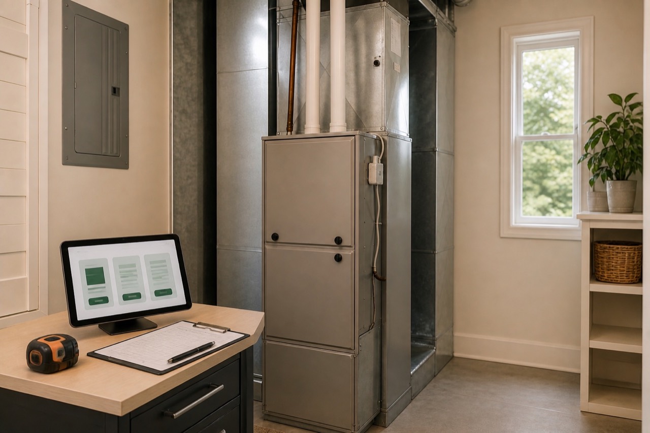 Central air handler with a heat pump estimate displayed on a tablet in a Canby home