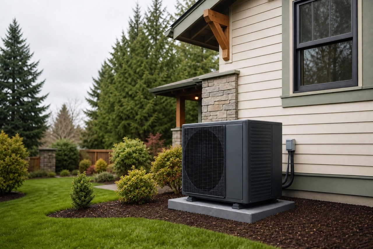 New central heat pump installed beside a Canby Oregon home