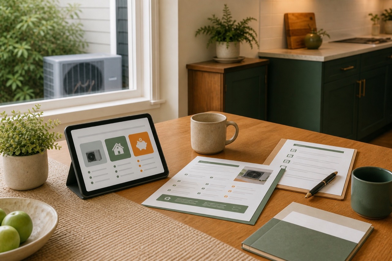 Heat pump incentive checklist and equipment options arranged on a Canby kitchen table