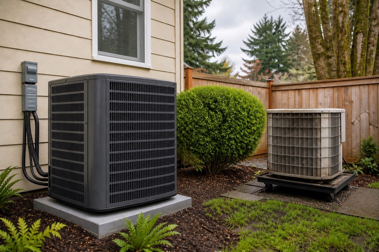 New central heat pump beside the older system being replaced at a Canby home